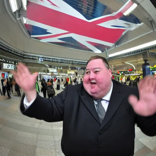 Prompt: fat middle aged british man waving british flag in shinjuku station, high resolution photo, fish eye lens, comedic