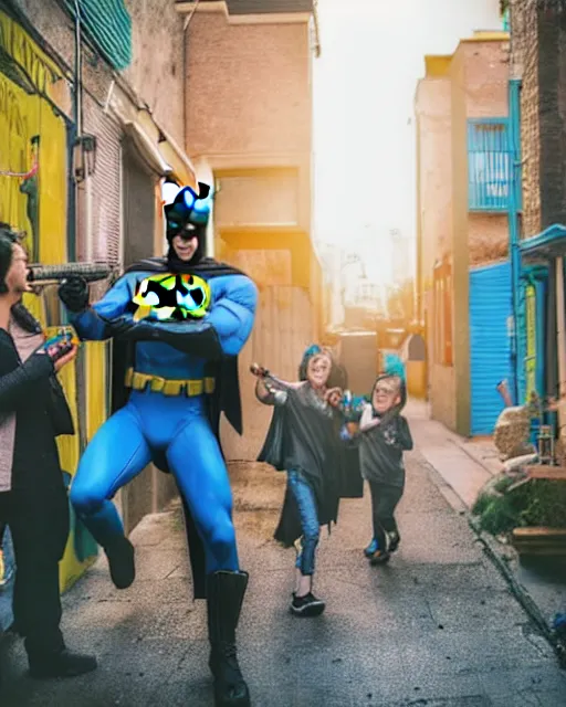 Image similar to happy batman firing super soaker water gun in an alleyway, everyone having fun, toy product advertisement, photography