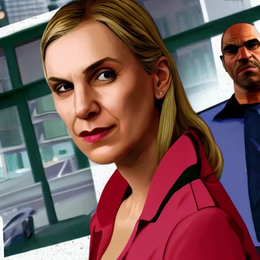 Image similar to Kim Wexler from Better Call Saul as a GTA character portrait, Grand Theft Auto, GTA cover art