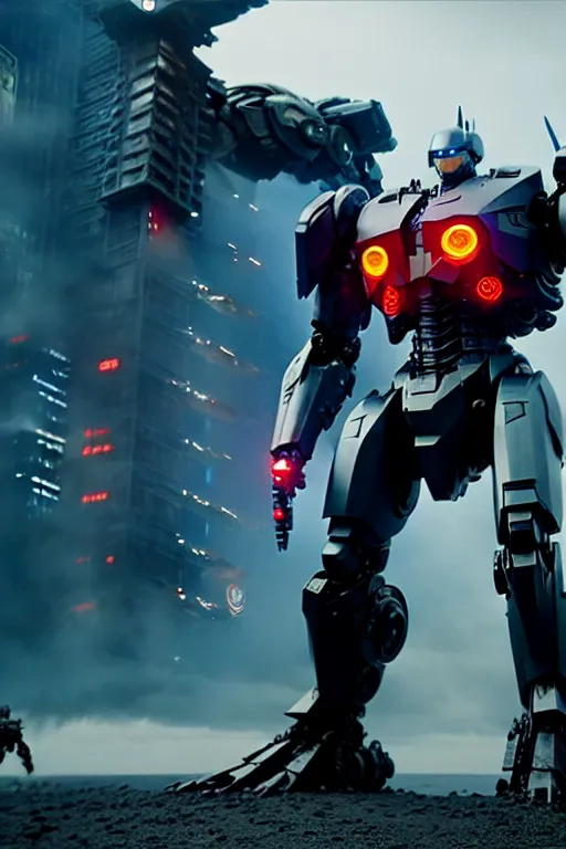 Image similar to a cinematic still from pacific rim and westworld, full body mech, pacific rim jaeger, intact humanoid servo, octane render, nvidia raytracing demo, masterpiece, aged armor plating, decipticon armor plating, aggressive head, endoekeleton exposure