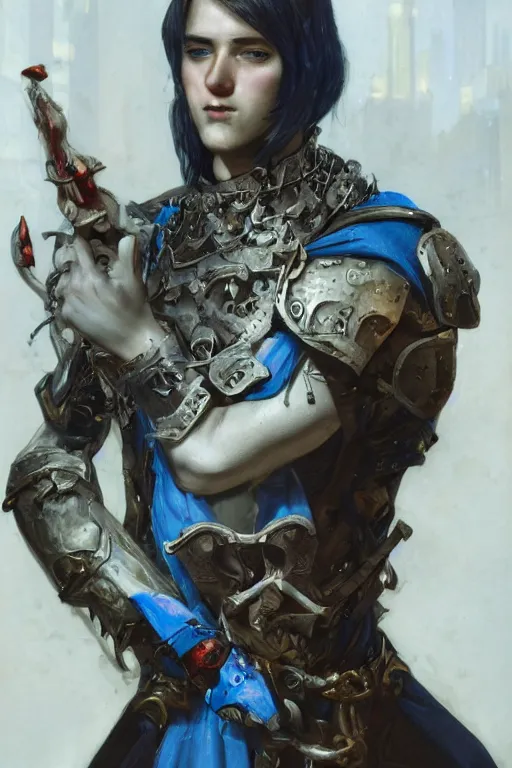 Prompt: portrait of beautiful gothic young man, warhammer, cyberpunk armor, a lot of scars, more and more flowers, blue head, the middle ages, highly detailed, artstation, illustration, 8 k quality, art by leon gerome, greg gandy