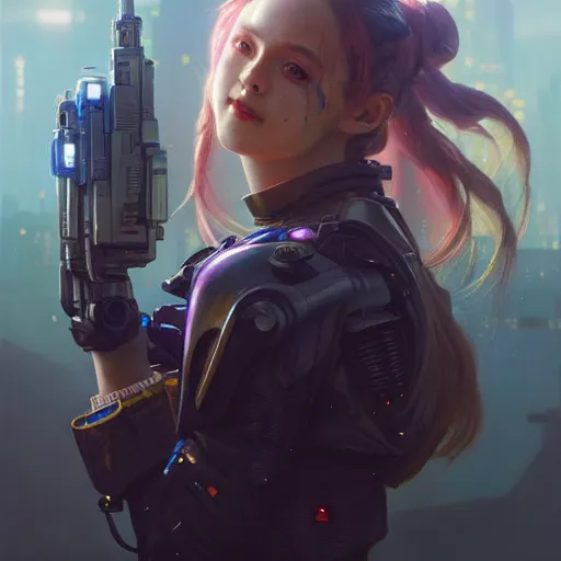 Image similar to portrait painting of cyberpunk chuu loona as a cheerful smiling mercenary, ultra realistic, concept art, intricate details, eerie, highly detailed, photorealistic, octane render, 8 k, unreal engine. art by artgerm and greg rutkowski and magali villeneuve and alphonse mucha