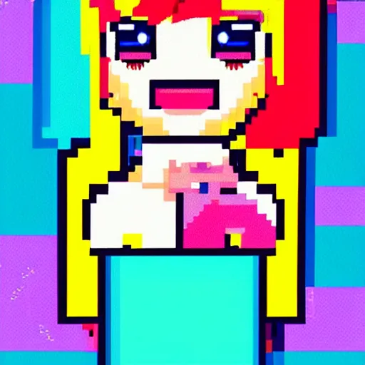 Image similar to portrait colorful anime girl with big eyes and pink hair eating ice cream pixel art