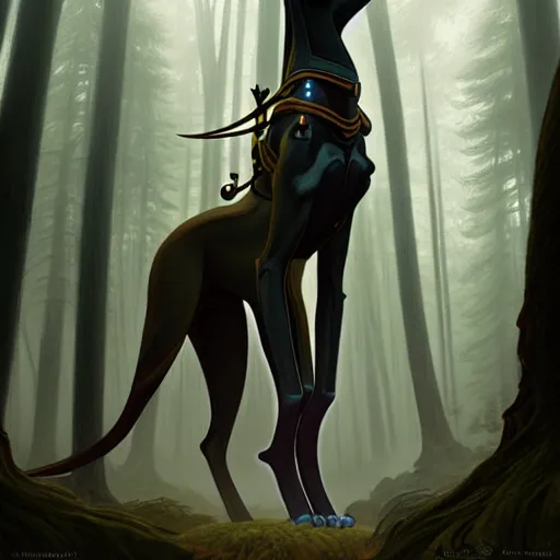 Image similar to long shot photo of anubis in the foggy forest, foggy bottom, highly detailed, digital painting, artstation, smooth, sharp focus, illustration, art by artgerm and greg rutkowski and alphonse mucha