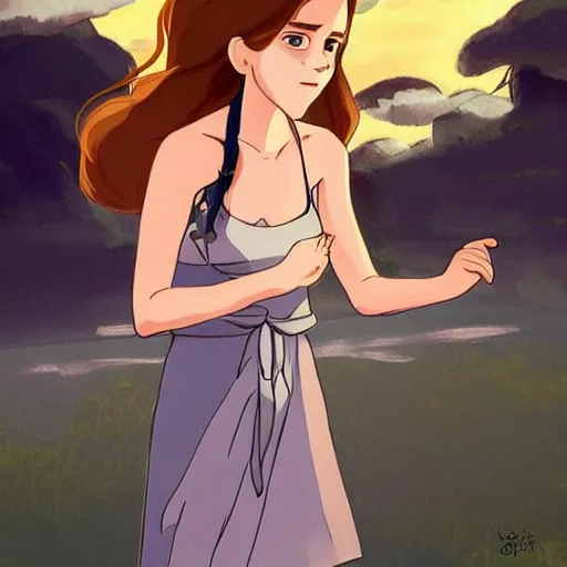 Prompt: Emma Watson, flowing hair. in the style of Studio Ghibli, trending on artstation