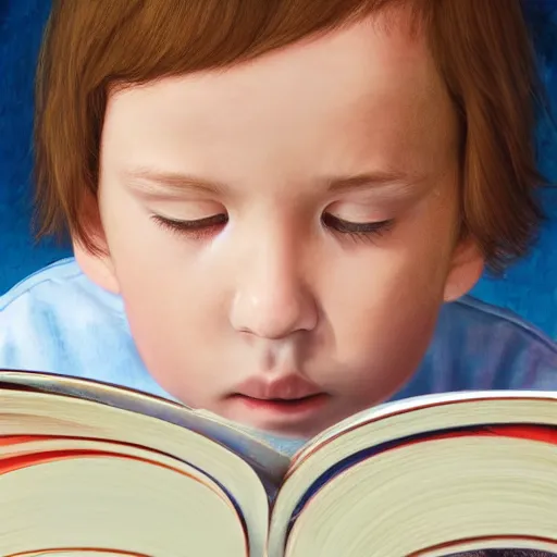Prompt: hyperrealistic hyperdetailed half-lenght portrait of child, reading an illustrated book. HD 8x no frame