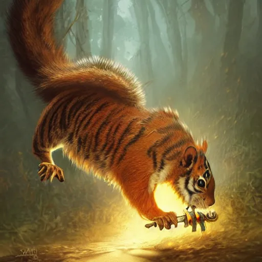 Prompt: Squirrel/tiger, biting, ferocious, angry, magic the gathering artwork, D&D, fantasy, cinematic lighting, centered, symmetrical, highly detailed, digital painting, artstation, concept art, smooth, sharp focus, illustration, volumetric lighting, epic Composition, 8k, art by Akihiko Yoshida and Greg Rutkowski and Craig Mullins, oil painting, cgsociety