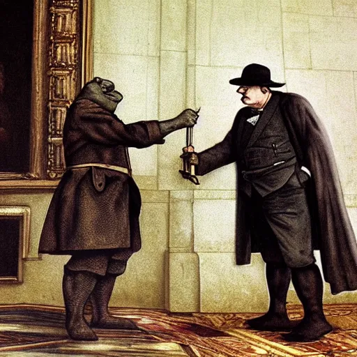 Prompt: Photoreal depiction of Leonardo from TMNT signing a peace treaty with Winston Churchill, in Parliament