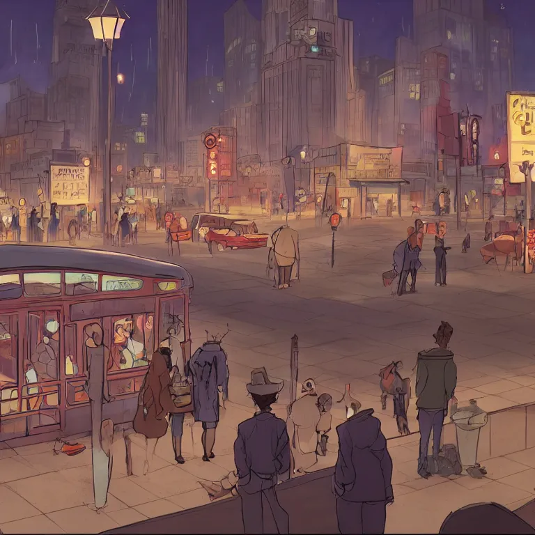 Prompt: few people waiting in a bus stop in dark city night, screenshot from Zootopia