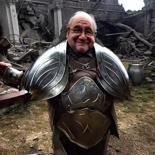 Image similar to last selfie taken by, a tolkien dwarf, resembling Danny Devito wearing metal Armour that is smiling, in combat, apocalyptic, smoldering ruins