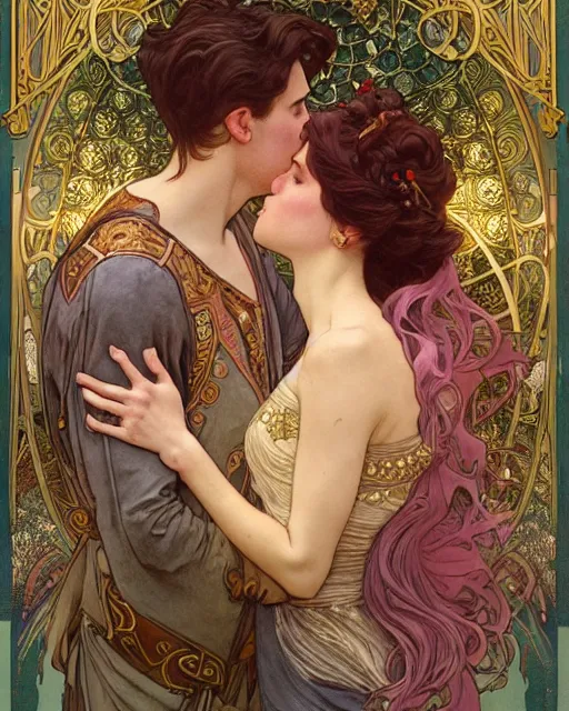 Prompt: the kiss | highly detailed | very intricate | art nouveau | gold filigree | romantic storybook fantasy | soft cinematic lighting | award - winning | disney watercolor illustration by mandy jurgens and alphonse mucha and alena aenami | pastel color palette | featured on artstation