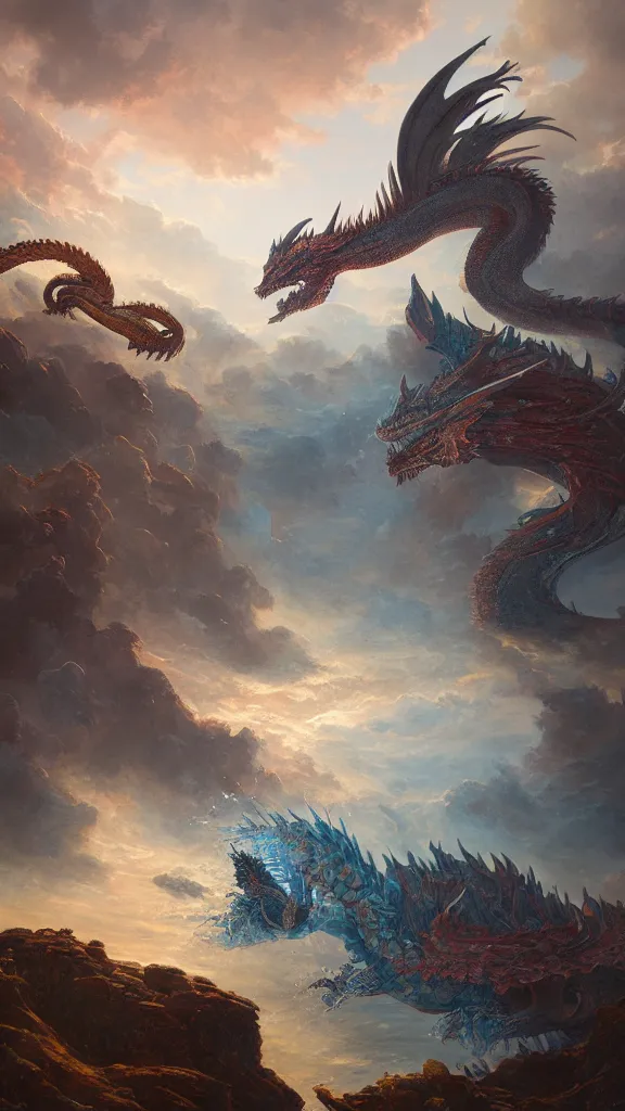 Prompt: painting of a beautiful rendition of the mythical fafnir, ancient dragon fight my the mythical siegfried, illustration, artistic, colorful, hyper detailed, in the style of greg rutkowski,