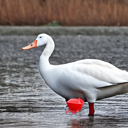 Image similar to dramatic shot of a white goose attacking a plastic goose