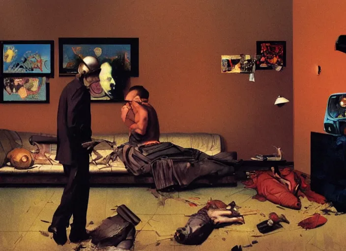 Prompt: a still from the tv series dexter by francis bacon, surreal forest, norman rockwell and james jean, greg hildebrandt, and mark brooks, triadic color scheme, by greg rutkowski, in the style of francis bacon and syd mead and edward hopper and norman rockwell and beksinski, dark surrealism, open ceiling