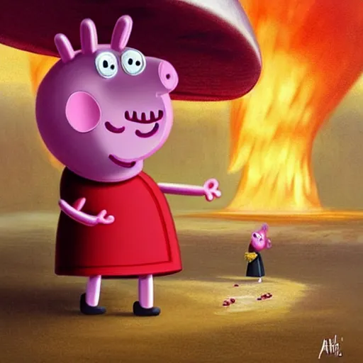 Prompt: Peppa Pig plays in front on a large nuclear mushroom and is totally oblivious to the fact that the city is in flames and everyone die. Elegant, intricate, digital painting, artstation, concept art, smooth, sharp focus, illustration, art by artgerm and greg rutkowski and alphonse mucha