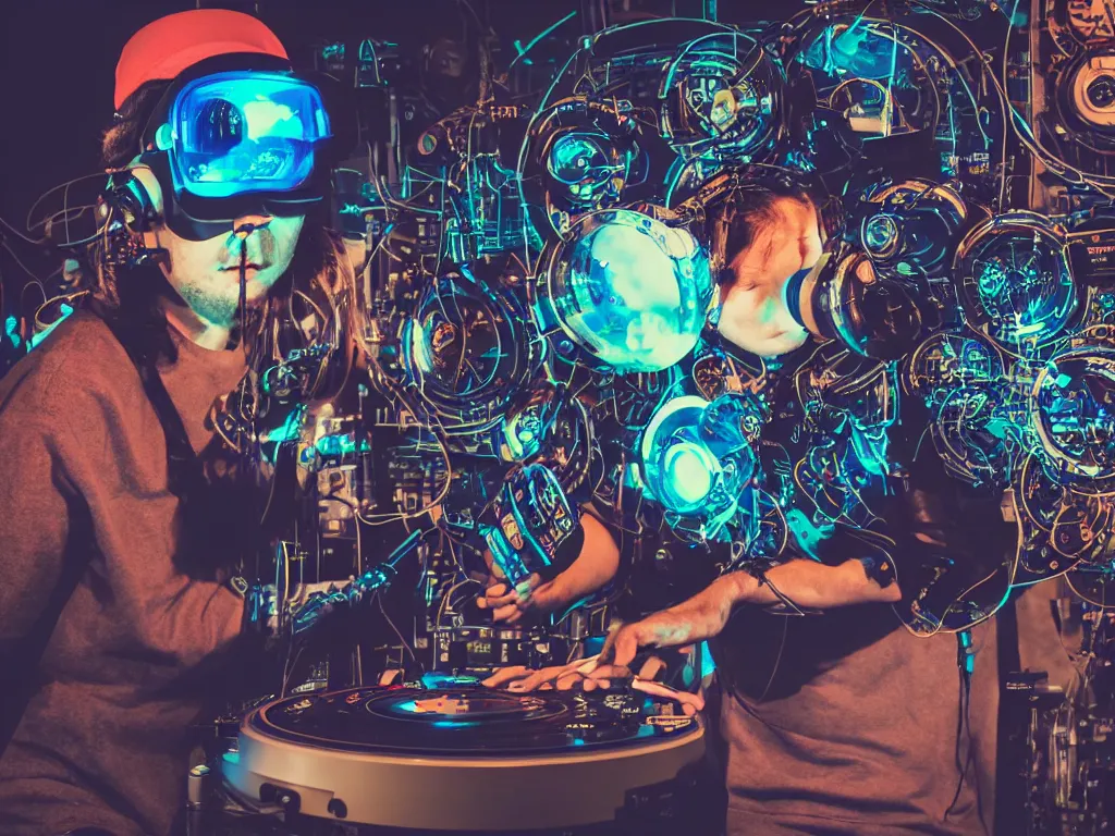 Image similar to a person wearing goggles and visor and headphones using a steampunk record player contraption, wires and tubes, turntablism dj scratching, intricate planetary gears, cinematic, imax, sharp focus, leds, bokeh, iridescent, black light, fog machine, hazy, lasers, hyper color digital art, cyberpunk