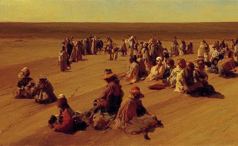 Prompt: high quality high detail painting by ilya repin, a long row of people in the desert, hd