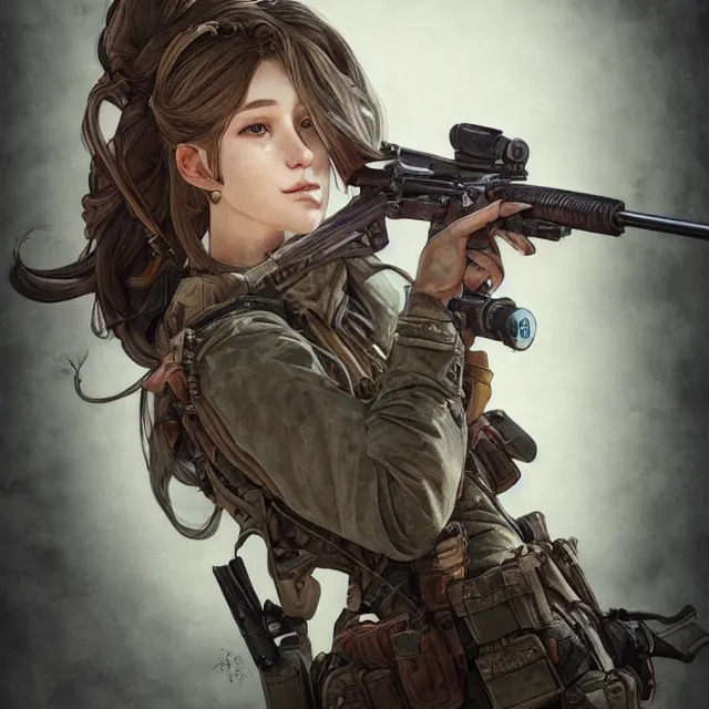 Image similar to the portrait of lawful neutral semi - colorful female infantry sniper as absurdly beautiful, gorgeous, elegant, young woman looking up, an ultrafine hyperdetailed illustration by kim jung gi, irakli nadar, intricate linework, bright colors, octopath traveler, final fantasy, unreal engine 5 highly rendered, global illumination, radiant light, detailed and intricate environment