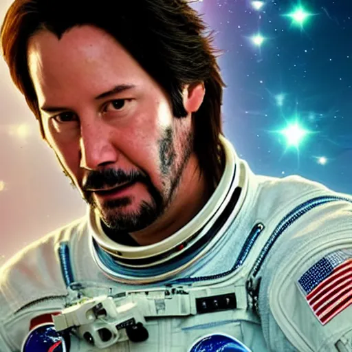 Image similar to keanu reeves in space with astronauts, instagram photo, full hd, 8 k, unreal engine, octane render, hyper detailed, hyper realistic, photorealistic, vfx, houdini, full body