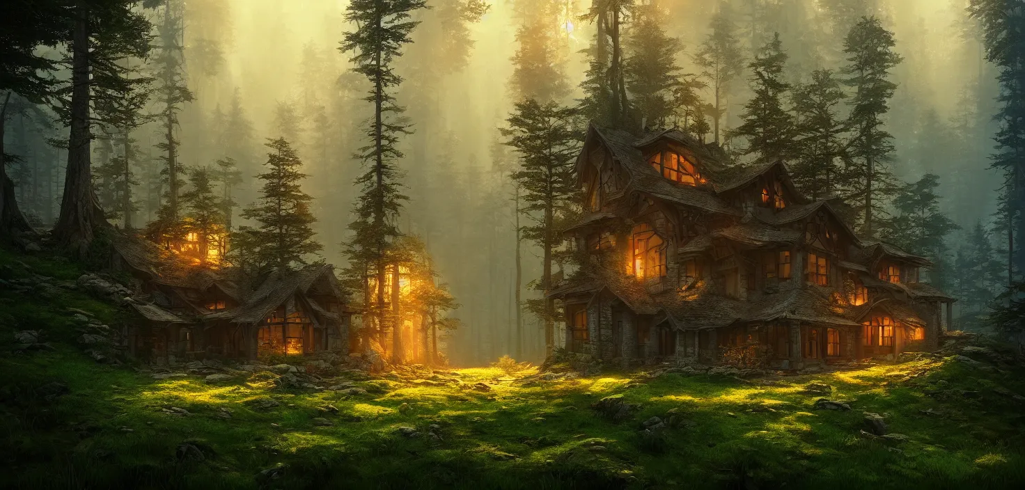 Image similar to random forest house landscape, incredible, vector art, octane render, fabulous, hyper detailed, random cinematic view, no noise, global illumination, warm lighting, volumetric, godrays, vivid, beautiful, by jordan grimmer