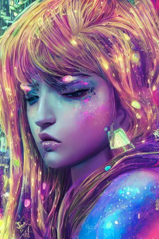 Prompt: An extremely beautiful neon-noir kawaii highly detailed HD realistic cute decora portrait of a young attractive woman with a silky bio-luminiscent holographic dress, neo-cyberpunk, professionally painted digital art illustration, smooth, sharp focus, atmospheric lighting, highly detailed illustration highlights, golden ratio, symmetrical facial features, extremely detailed winning award masterpiece, very coherent symmetrical artwork, sense of awe, 8K post-processing, trending on artstation flawless, prismatic highlights, telephoto, depth of field, cinematic, macro, concept art, wepa digital, elegant, epic, octane render, v-ray, C4D