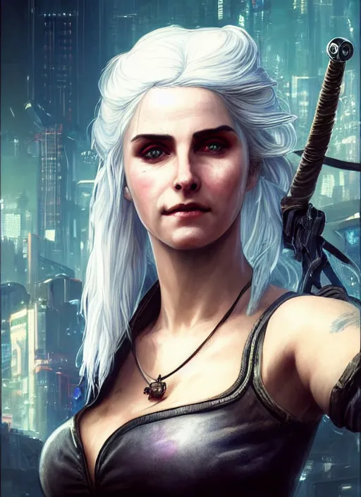 Image similar to portrait of Ciri from the Witcher as a character in Cyberpunk 2077, looking at camera, intricate, elegant, sci-fi, extremely detailed, digital painting, artstation, concept art, smooth, sharp focus, illustration, ambient lighting, incredible art by artgerm and greg rutkowski and alphonse mucha and simon stalenhag