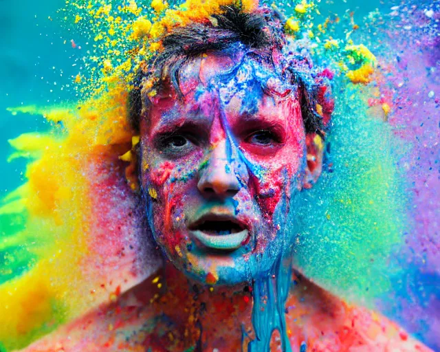 Prompt: still shot of a footage of a human head explodes and disintegrates into a huge mass of coloured powder and splashing paint, motion blur, hyperrealistic, medical, intricate art photography, anatomically correct, realistic crisp textures, 1 6 k