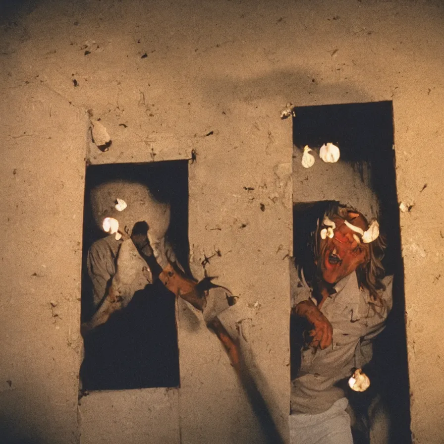 Prompt: 7 0 s movie still of a man with a jaw full of moth in a yellow wall tunnel, cinestill 8 0 0 t 3 5 mm eastmancolor, heavy grain, high quality, high detail