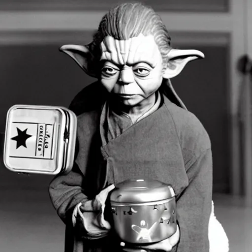 Image similar to A still of Yoda’s first day at school. Holding a Star Wars lunch pail .