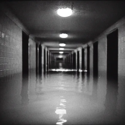 Prompt: a flooded creepy empty basement hallway with ronald mcdonald waist deep in the dark, shaky, film grain, craigslist photo