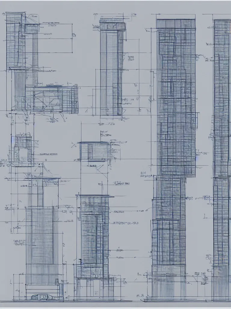 Prompt: Architecture blueprint copy, Skyscraper. Vertical cut. Technical drawing