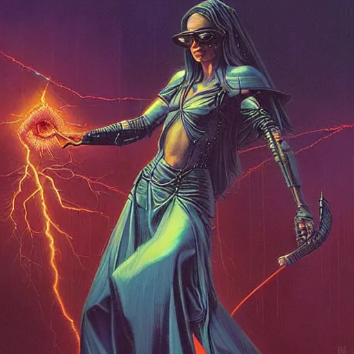Prompt: “a beautiful portrait of a cyberpunk sorceress conjuring lightning from the sky, detailed and realistic matte painting by Greg hildebrandt”