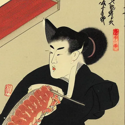 Prompt: angry japanese man giving cat a slice of meat, vintage, painting by utamaro