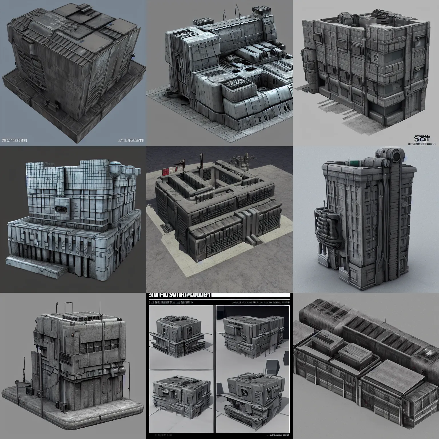 Image similar to 3d sculpt of a thick square industrial scifi cyberpunk building facade gun metal factory machine inspired by the matrix and star wars, by jim burns and terminator, Artstation Unreal W-960