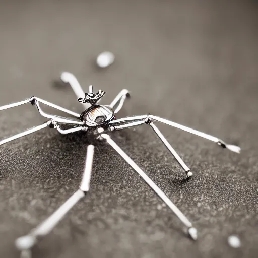 Image similar to macro photograph of a miniature mechanical spider made of silver