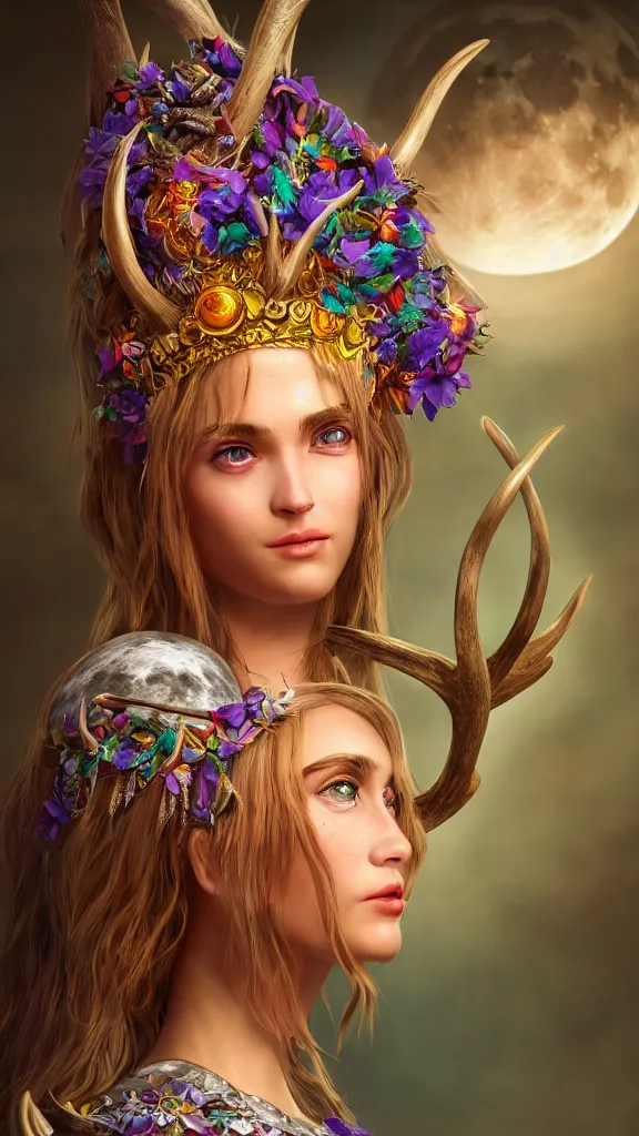 Image similar to portrait of Artemis, goddess of the hunt and the moon, wearing an antler crown, studio lightning, bright colors, intricate, masterpiece, photorealistic, hiperrealistic, sharp focus, high contrast, Artstation HQ, DeviantArt trending, 4k UHD, Unreal Engine 5