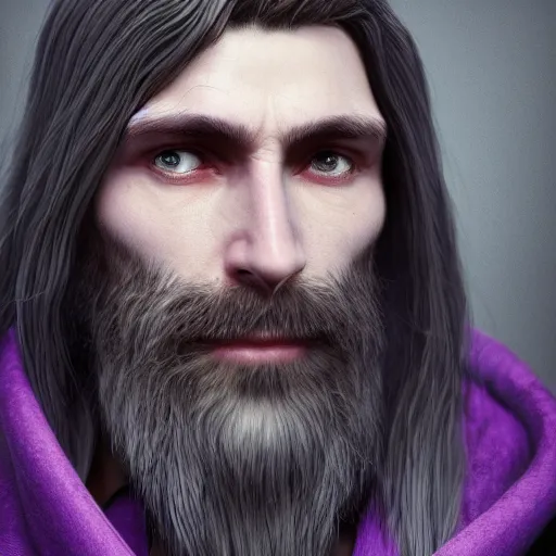 Image similar to a highly detailed portrait of a man without a beard, purple eyes, light gray long hair, wearing a black cloak, artstation, DeviantArt, professional, octane render