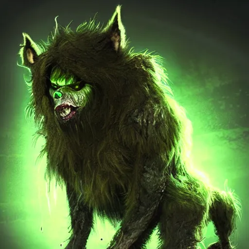 Prompt: epic hairy monster terrifying covered in dark fur and matted mud with glowing green eyes, concept art, digital character art, artstation, cgsociety