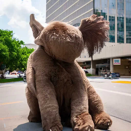 Prompt: AUSTIN, TX JUNE 7 2024: Fluffy gigantic creature demands a hug.