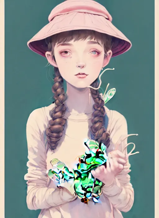 Prompt: highly detailed portrait of a cute fairy girl with a bucket hat holding a frog plushie, tartan hoody, photographic realistic background, ringlet hair by atey ghailan, by greg rutkowski, by greg tocchini, by james gilleard, by joe fenton, by kaethe butcher, gradient pink, cream, celeste and white color scheme, trending in instagram, award winning details