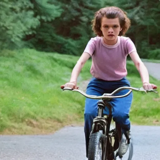 Prompt: eleven from stranger things riding a bike