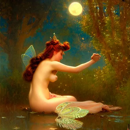 Image similar to attractive fairy magically floating high in the night, fantasy, full moon in background. highly detailed painting by gaston bussiere, craig mullins, j. c. leyendecker, sharp focus, 8 k