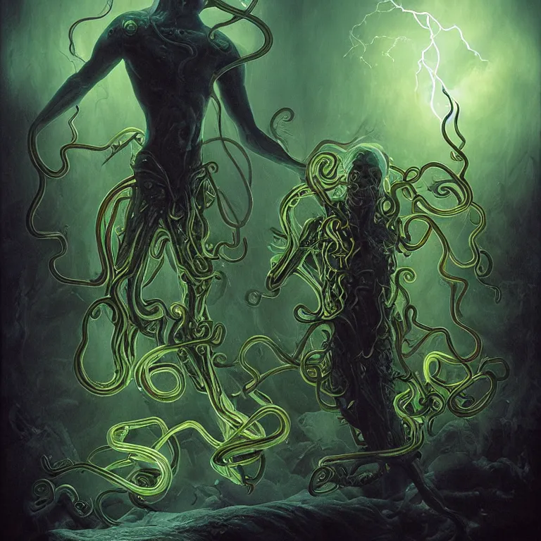 Image similar to An amorphic being with tentacles of liquid reflective copper and neon emerges from the dark surreal ether, mist amidst lightning, high contrast lighting, backlit, blacklight by Michael Whelan and Ed Binkley