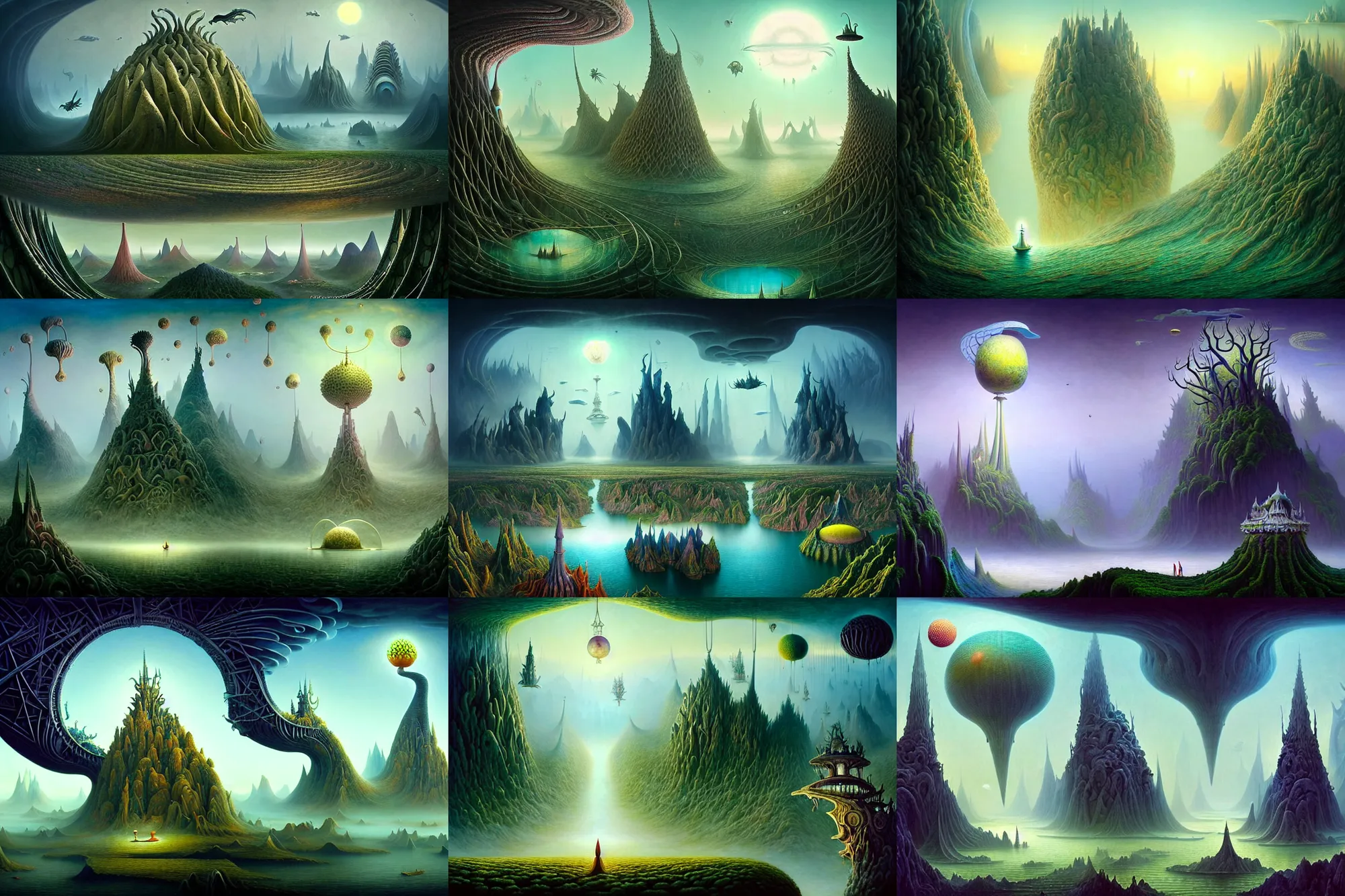 Prompt: a beguiling epic stunning beautiful and insanely detailed matte painting of alien dream worlds with surreal architecture designed by Heironymous Bosch, mega structures inspired by Heironymous Bosch's Garden of Earthly Delights, vast surreal landscape and horizon by Andrew Ferez and Cyril Rolando and Fenghua Zhong, masterpiece!!, grand!, imaginative!!!, whimsical!!, epic scale, intricate details, sense of awe, elite, wonder, insanely complex, masterful composition, sharp focus, fantasy realism, dramatic lighting