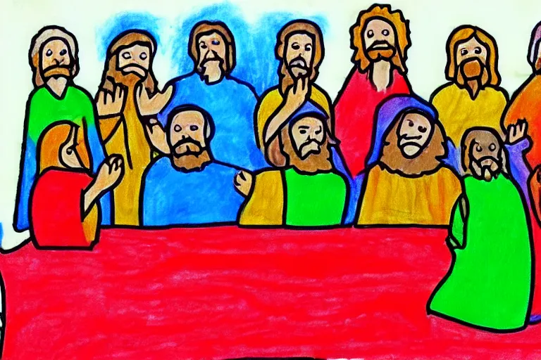 Image similar to Kids crayon drawing of the last supper