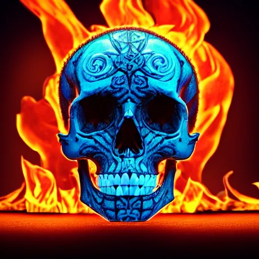 Prompt: a highly detailed human skull with intricate designs with fire for eyes on fire in front of a neon blue background, 3 d, octane render, symmetrical, hyper realism, highly detailed, digital art, artstation, concept art, cinematic lighting, strong bokeh, trending