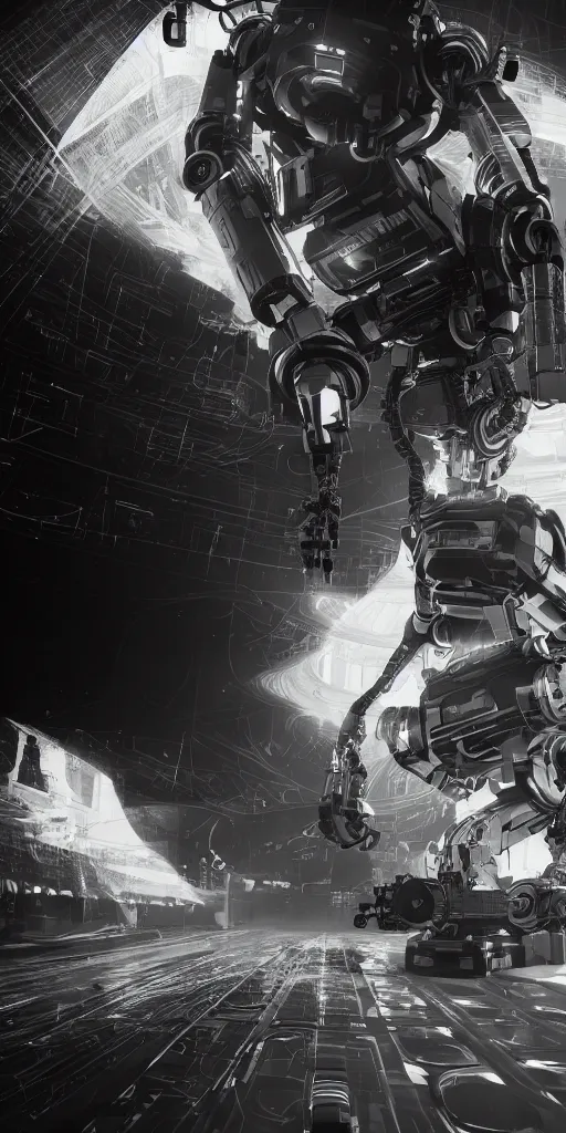 Image similar to the flow of time. complex shapes, highly detailed. octane render. robots are taking over. monochrome. ash thorp style. cinematic.