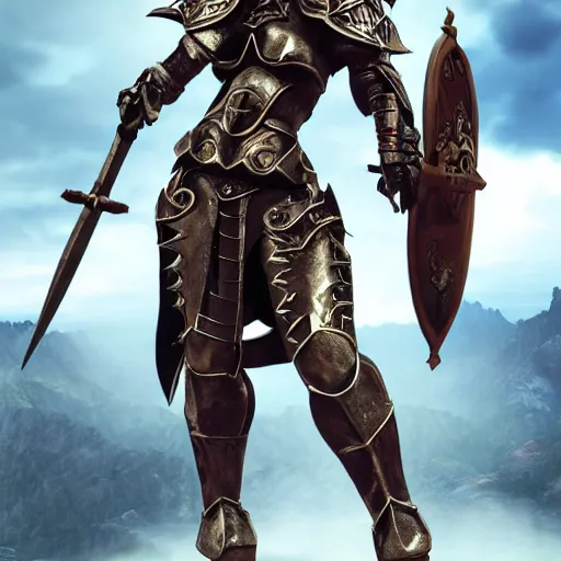 Prompt: epic cinematic low front shot, of an exquisite beautiful female paladin, with female dragon head, metal holy armor and sword and shield, doing a sassy pose