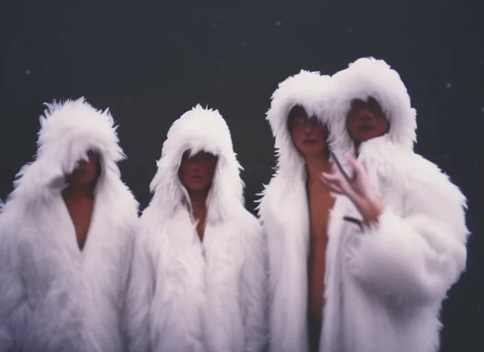 Prompt: three human wearing white massive feather fluffy suits their faces are wooden made of wood with long beak, grey skies, dusk, neutral color, starry night flashlight 1 9 9 0 a documentary realistic reportage photo photo, 8 k, cinestill, bokeh, soft focus, grain gelios lens, grain kodak, reportage