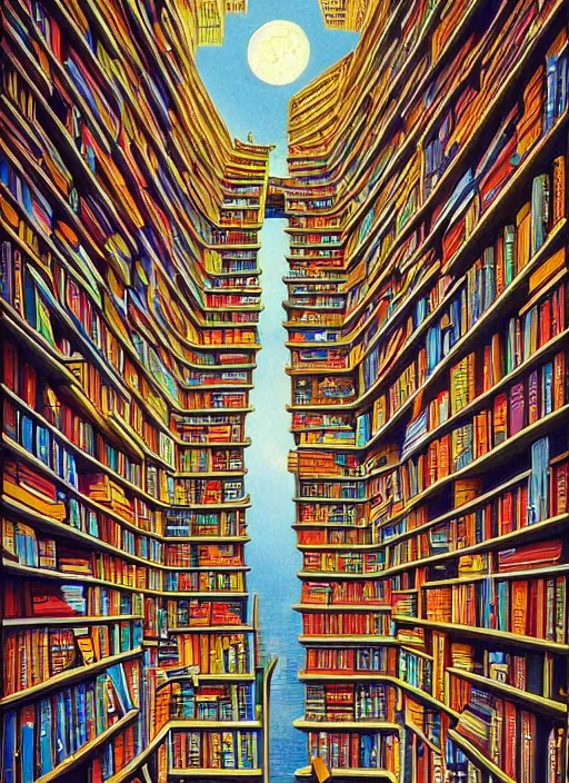 Prompt: the staircase at powell's city of books, vintage shapes, retro technology, happy colors. rob gonsalves, oil on canvas, deep depth field, masterpiece, cinematic composition, hyperdetailed